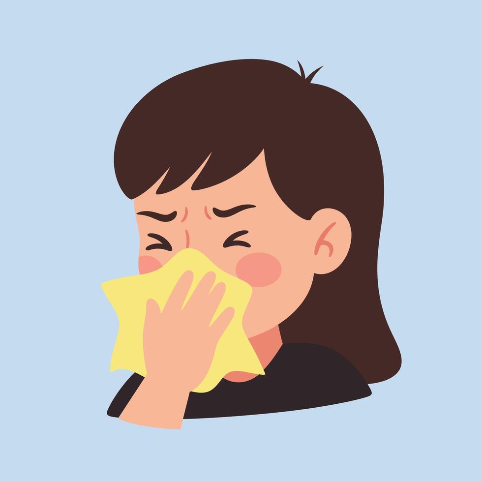 Woman sneezing with tissue in hand minimal illustration vector