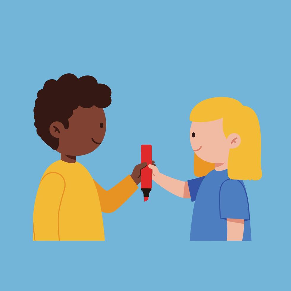 Children sharing a red marker in flat design art vector