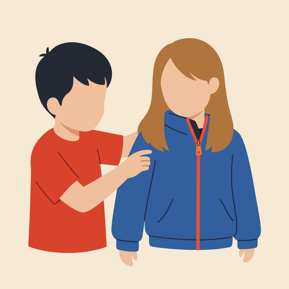 Child assisting friend with jacket in flat minimal illustration vector