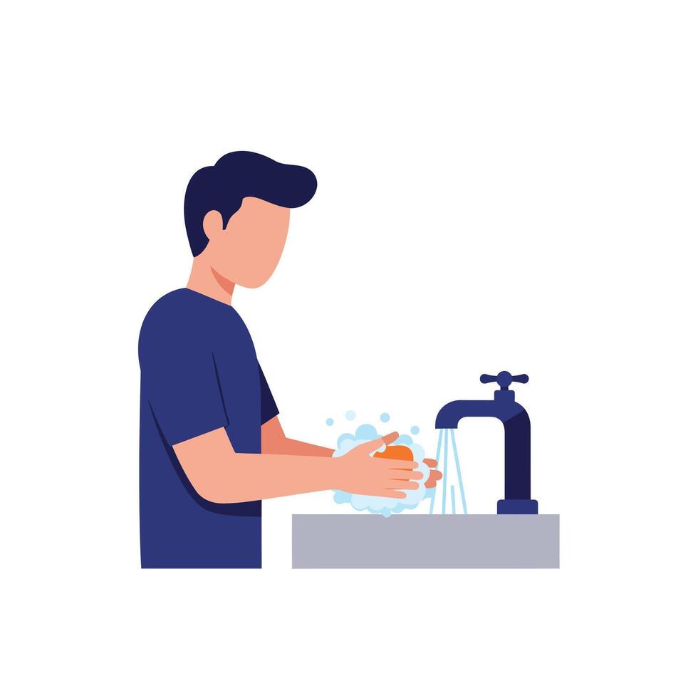 Person washing hands at a sink in a flat illustration vector