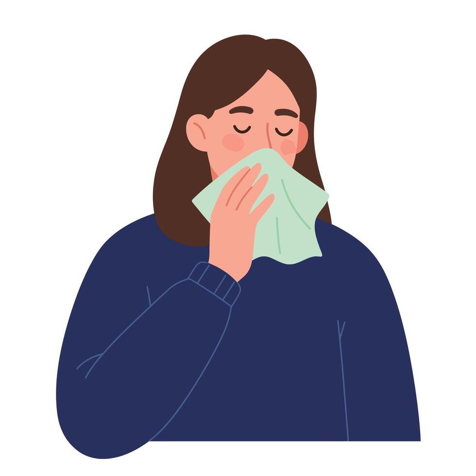 Woman sneezing with tissue in hand, flat design, colorful art vector