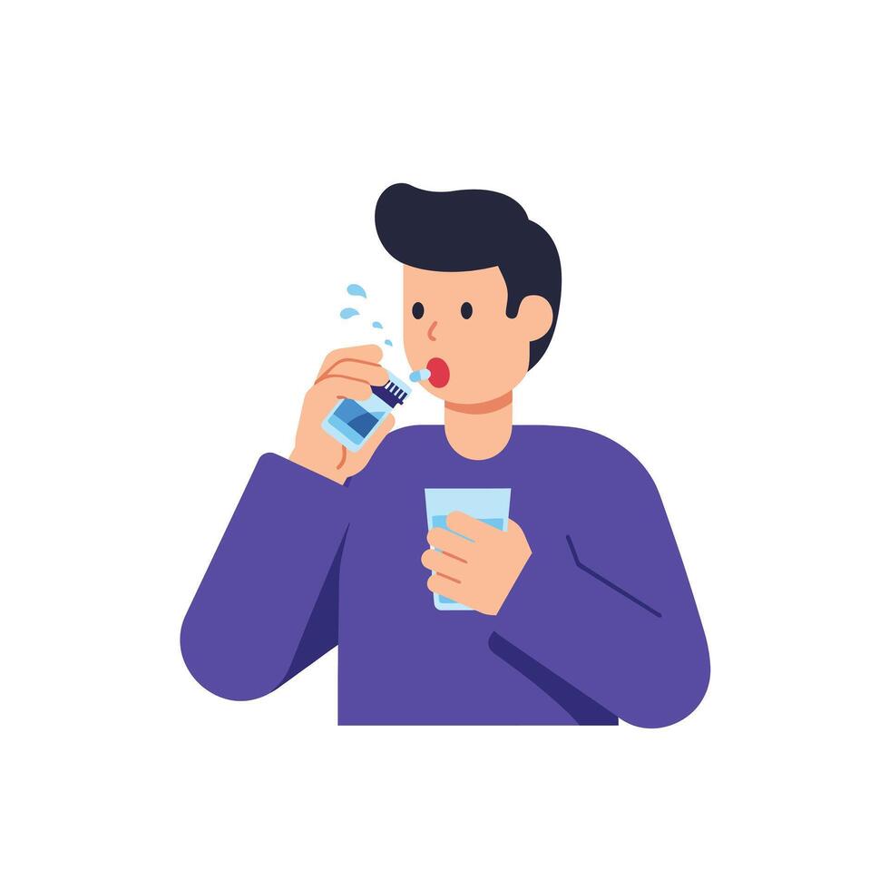 Young man using mouthwash while holding a glass of water in flat art vector