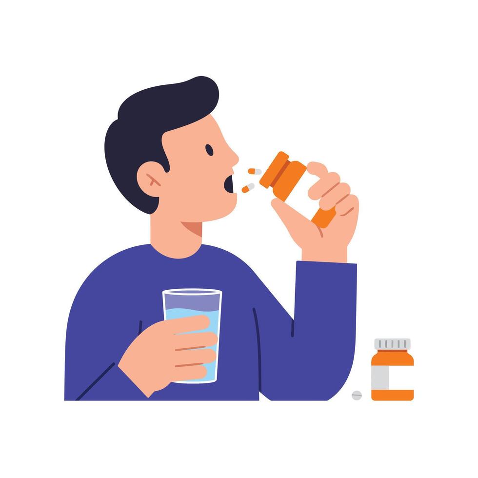 Man taking medication with water in a flat illustration vector