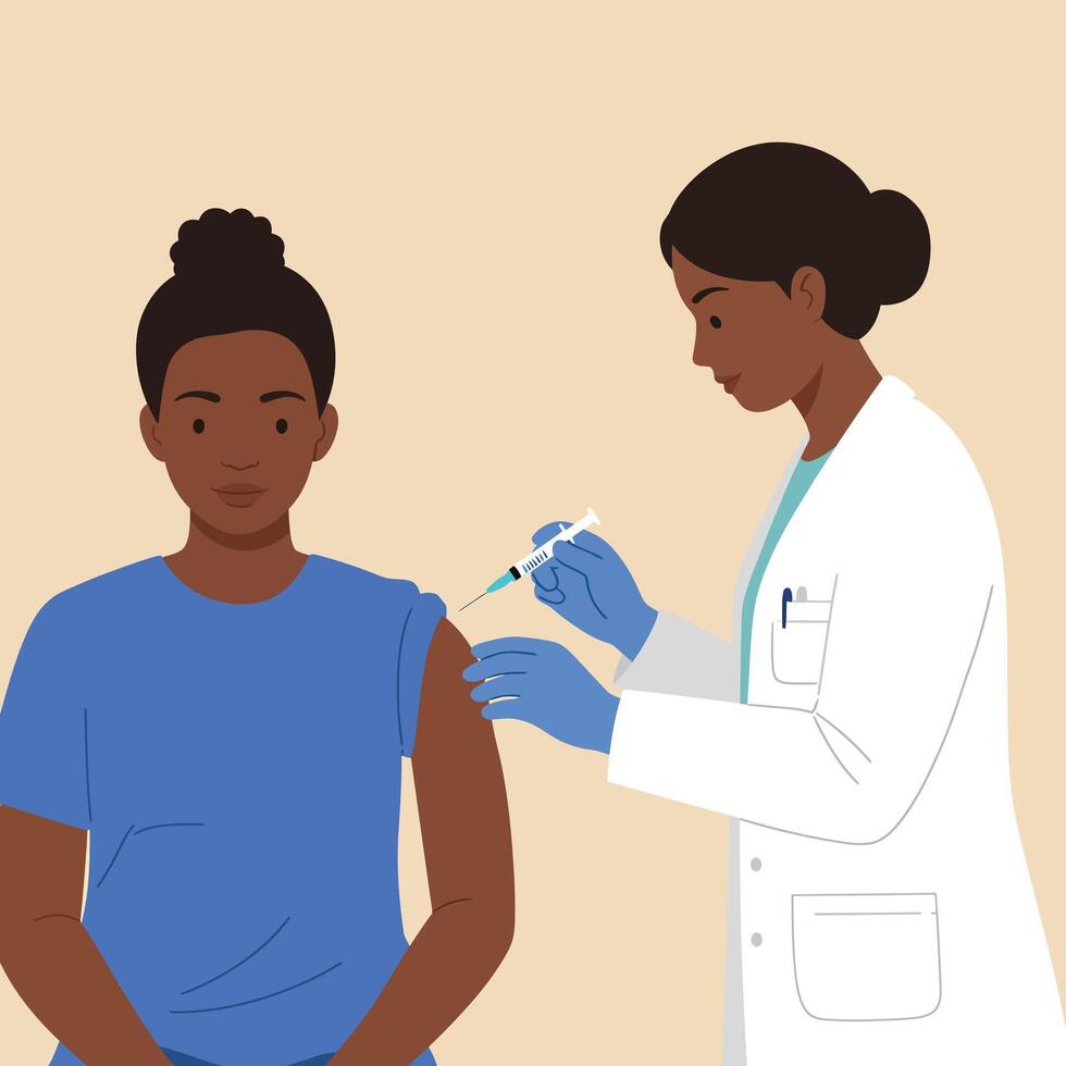 Patient receiving vaccination from healthcare professional in flat illustration vector