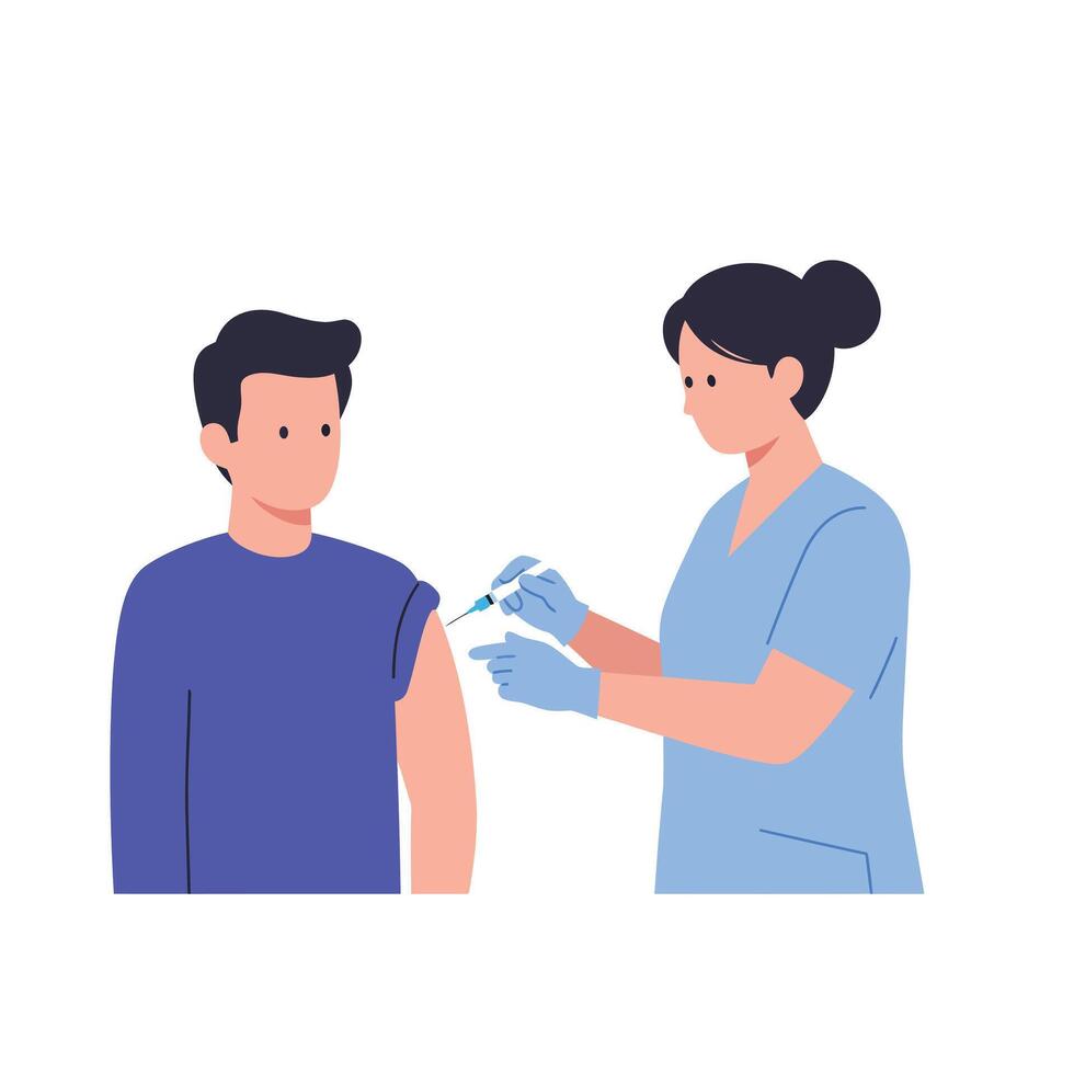 Healthcare professional administering vaccine to patient in flat illustration vector