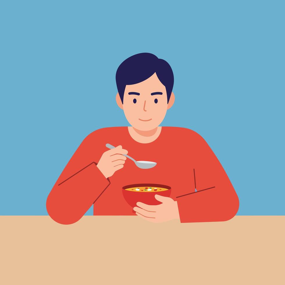 Person enjoying a warm bowl of soup in flat art style vector