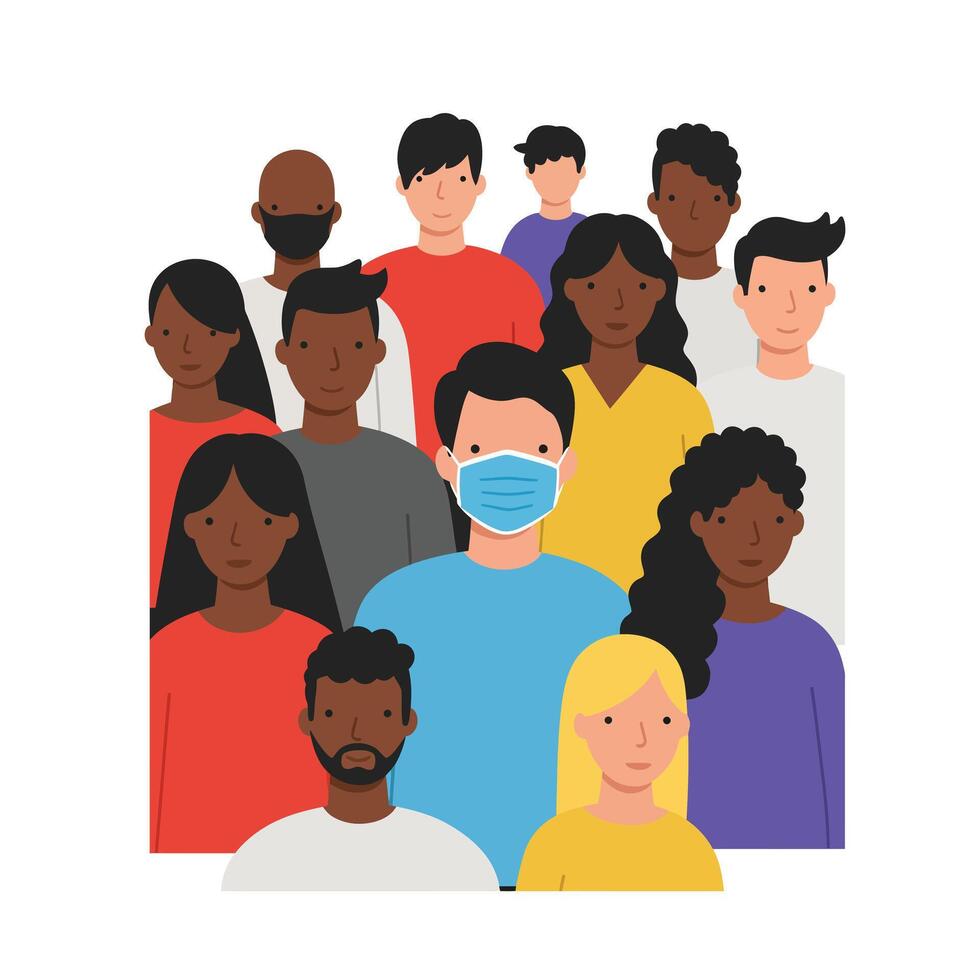 Group of diverse people wearing masks in flat illustration style for health awareness art vector