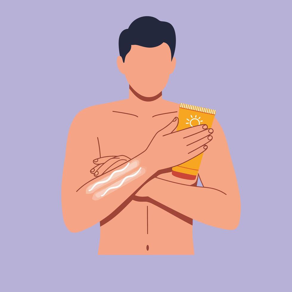 Man applying sunscreen with a caring expression in flat art vector