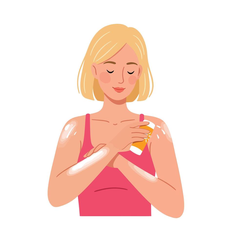 Woman applying lotion on her arms in flat, colorful illustration vector