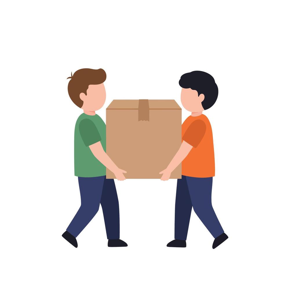 Two children lifting a cardboard box in flat art style vector