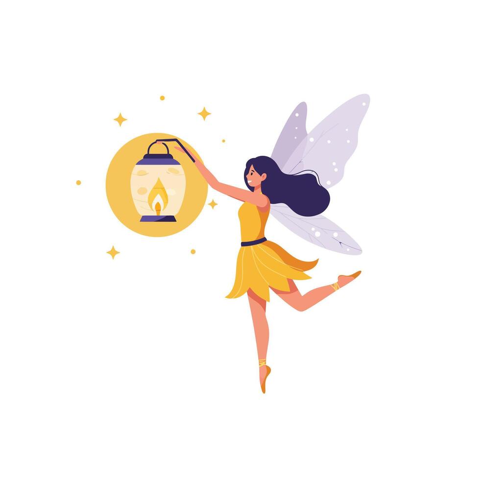 Fairy holding lantern with sparkling stars in flat art style art vector