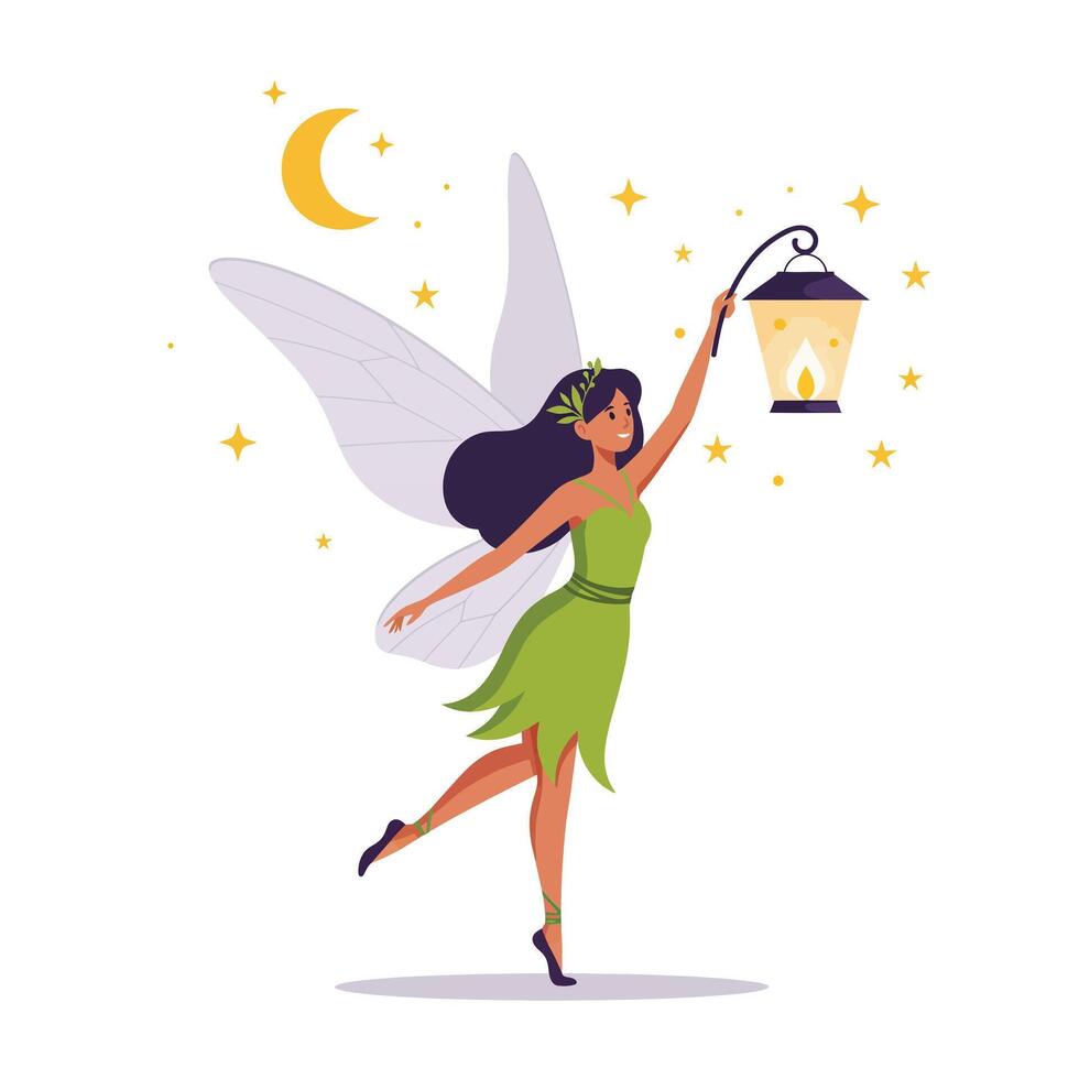 Fairy holding a lantern in a whimsical pose with flat design art vector