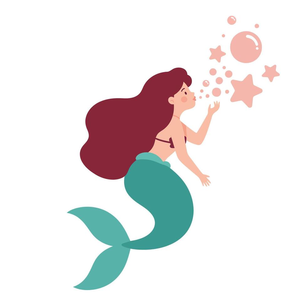 Mermaid blowing bubbles with stars in flat and colorful art vector