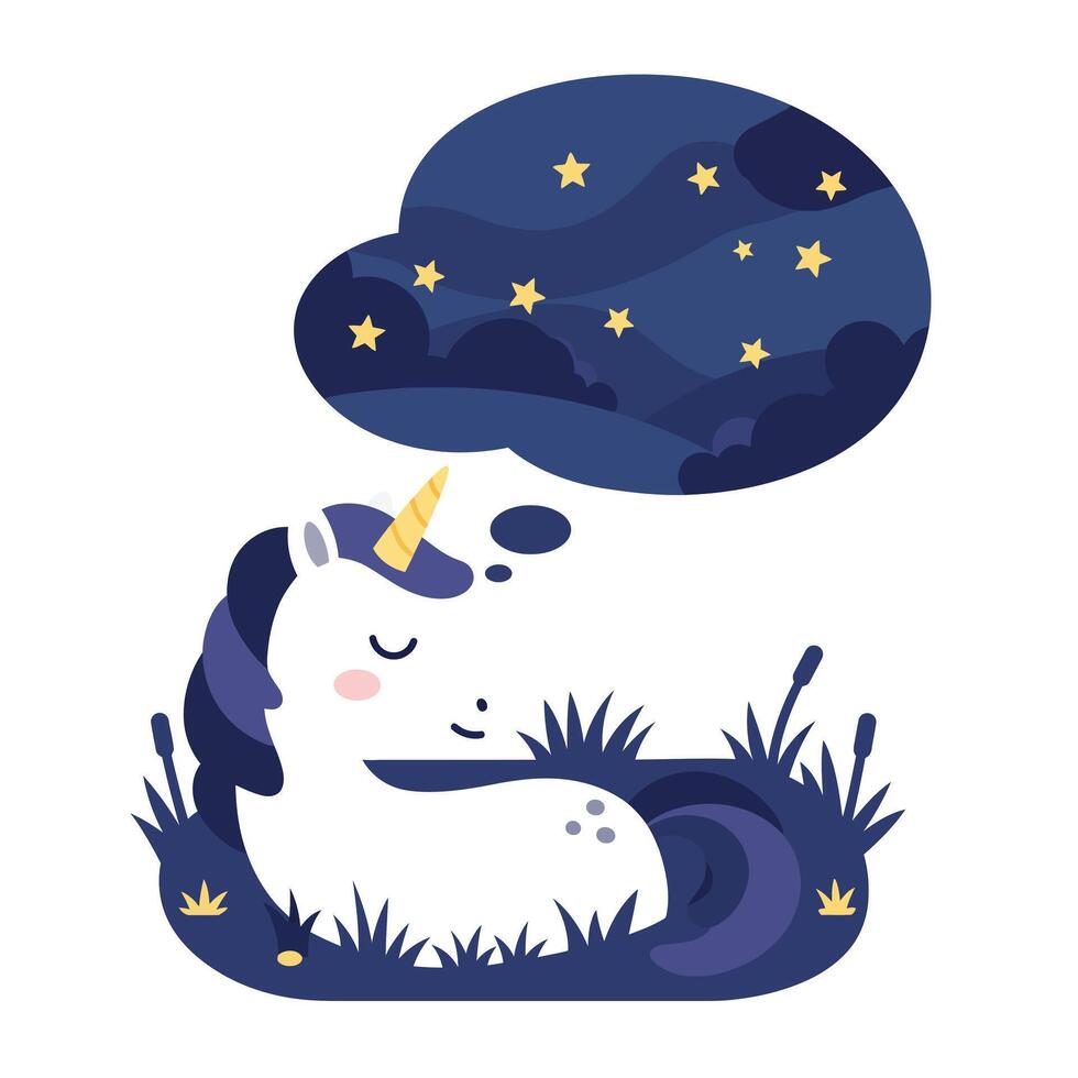 Sleeping unicorn surrounded by stars in a dreamy night sky flat art vector
