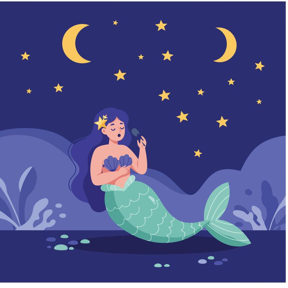 Mermaid resting by the shore under a starry sky in flat art vector