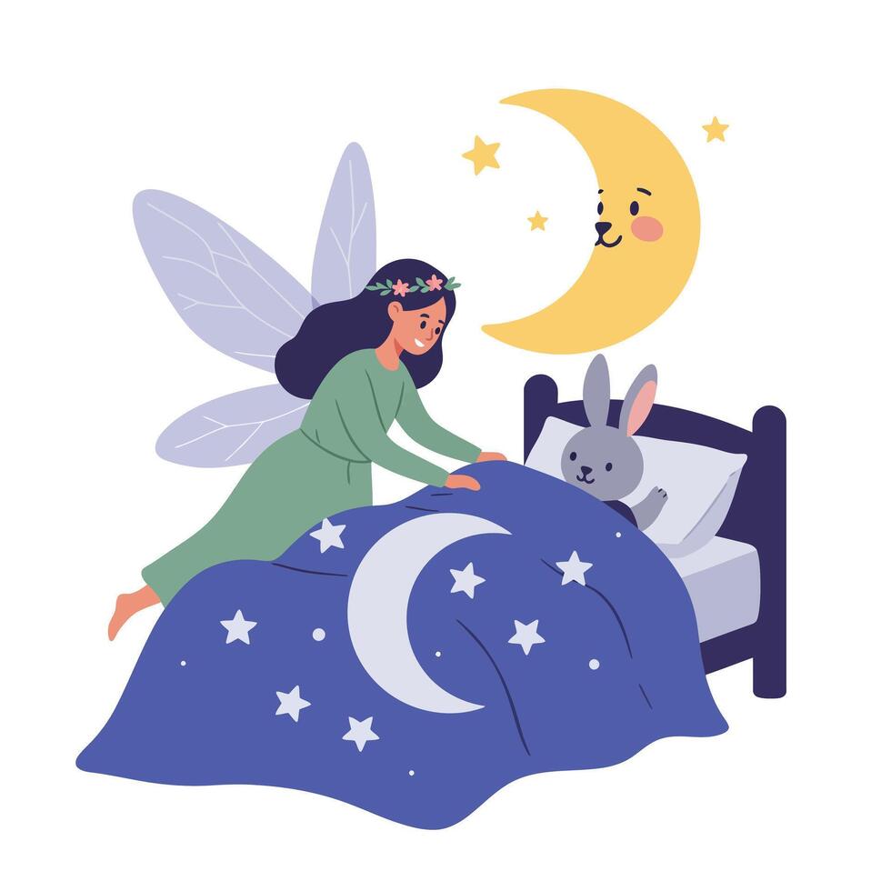 Fairy tucking in a cute bunny under bright stars minimal illustration vector
