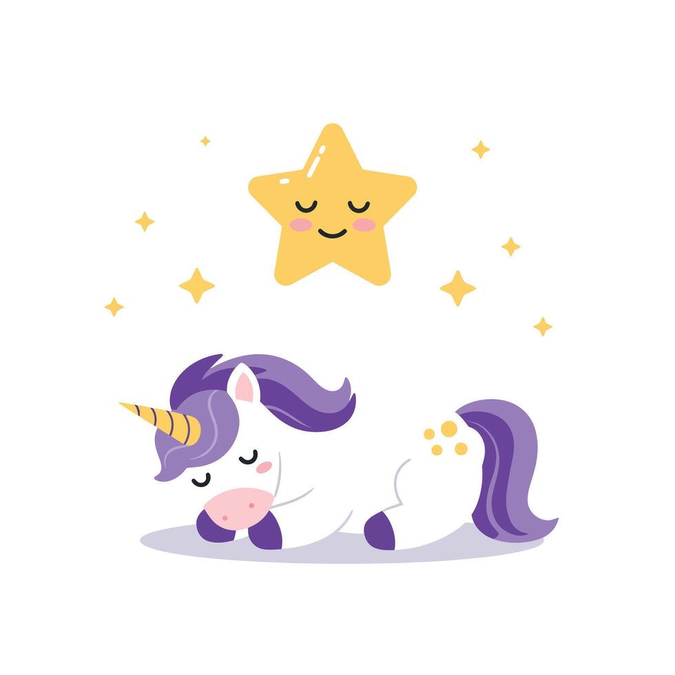 Cute sleeping unicorn with star in flat art style illustration vector