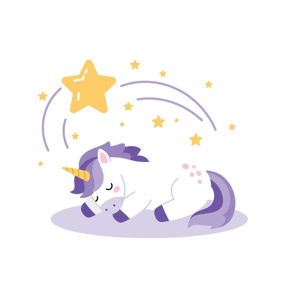 Cute unicorn sleeping with starry background in flat illustration vector