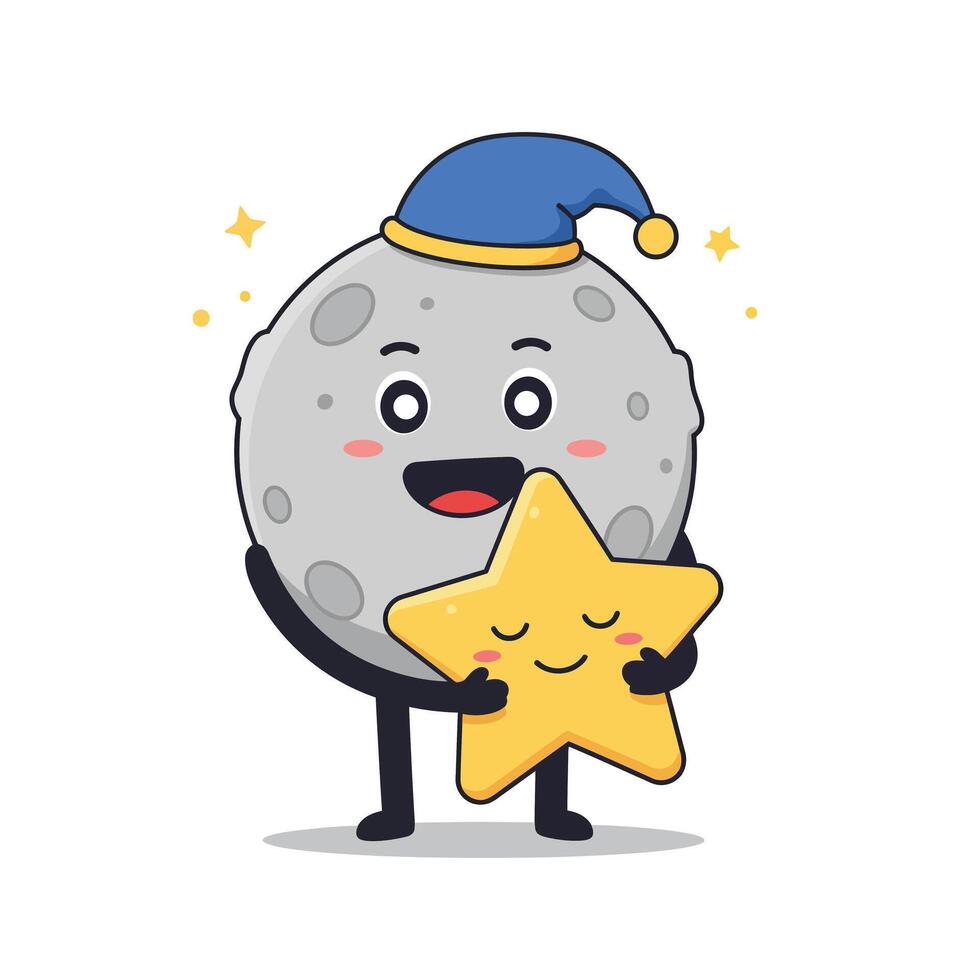 Cute moon character holding a smiling star in flat art vector