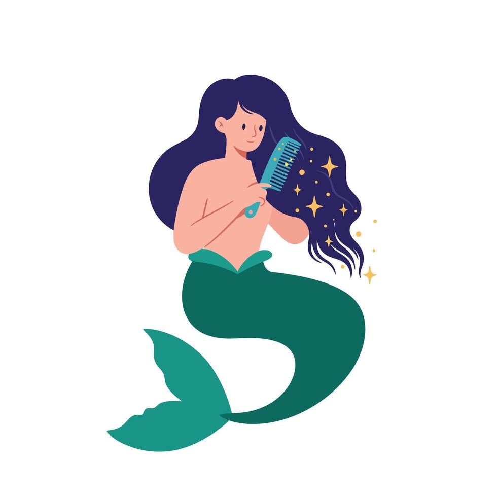Mermaid character with flowing hair styled in flat design art vector