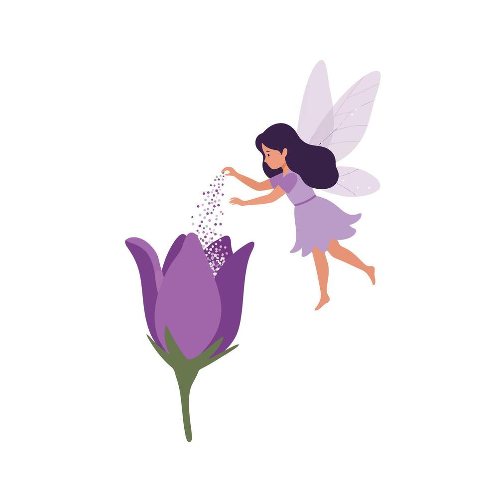 Fairy sprinkling magic dust on blooming flower in minimal art vector