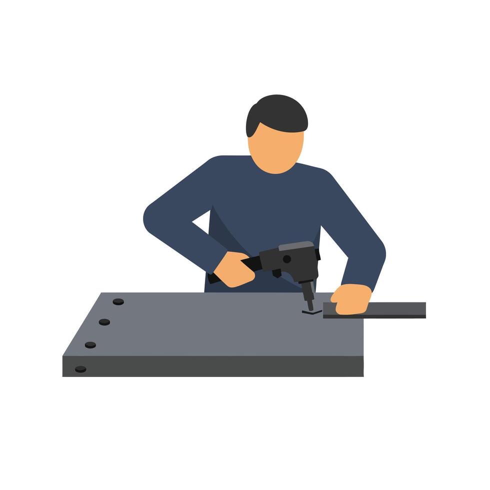 Worker using a tool on a flat surface in minimal illustration vector