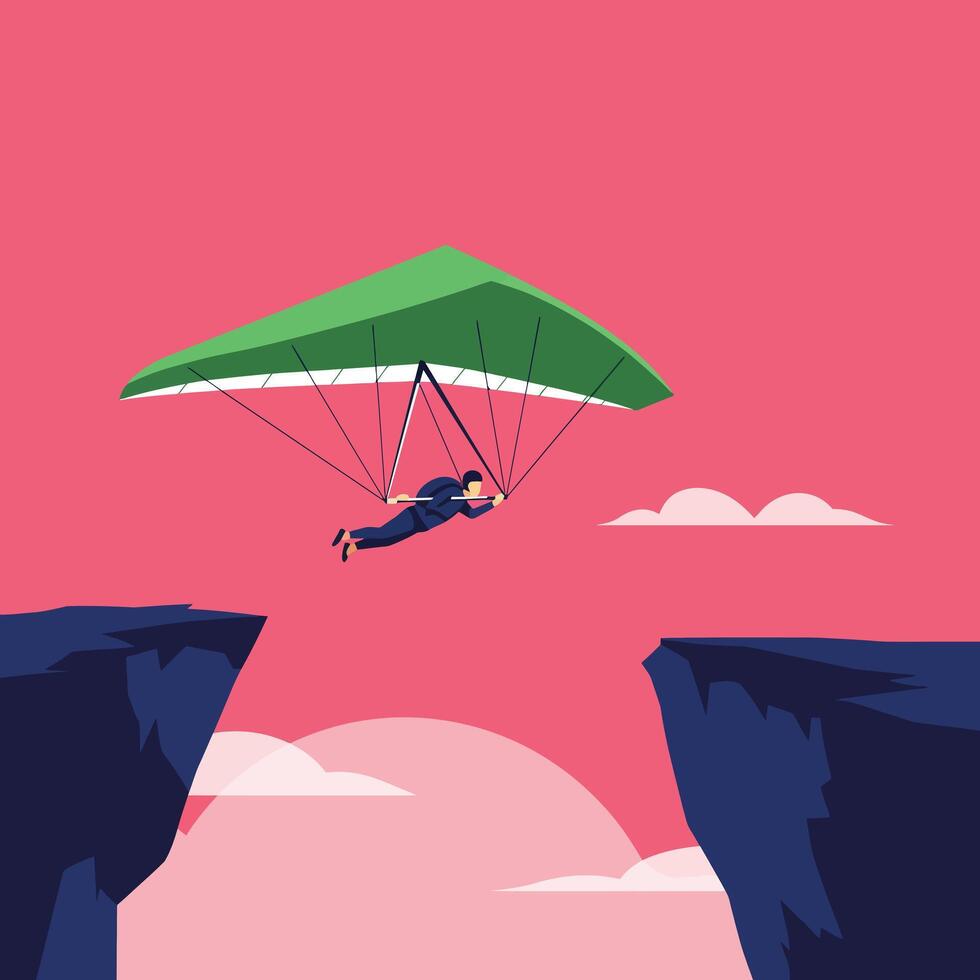 Paraglider soaring between cliffs in vibrant colors flat art vector