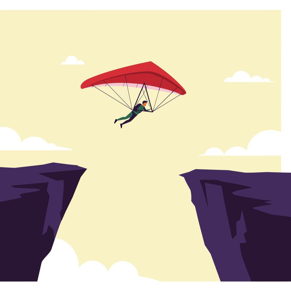 Paraglider soaring between cliffs in minimal style illustration vector