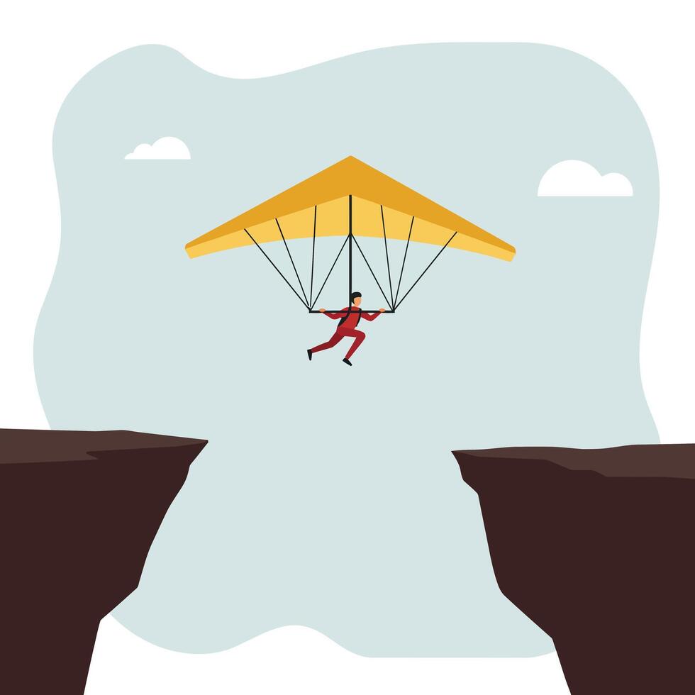Hang glider soaring between cliffs in flat minimal art illustration vector