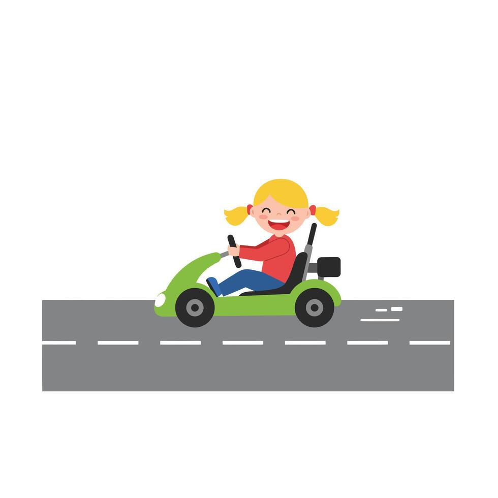 Happy child driving a go-kart on a road in flat art vector