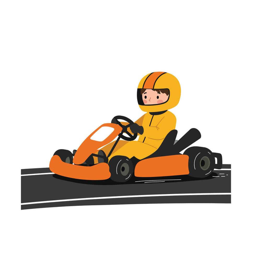 Go-kart racer in yellow suit on race track in flat art vector
