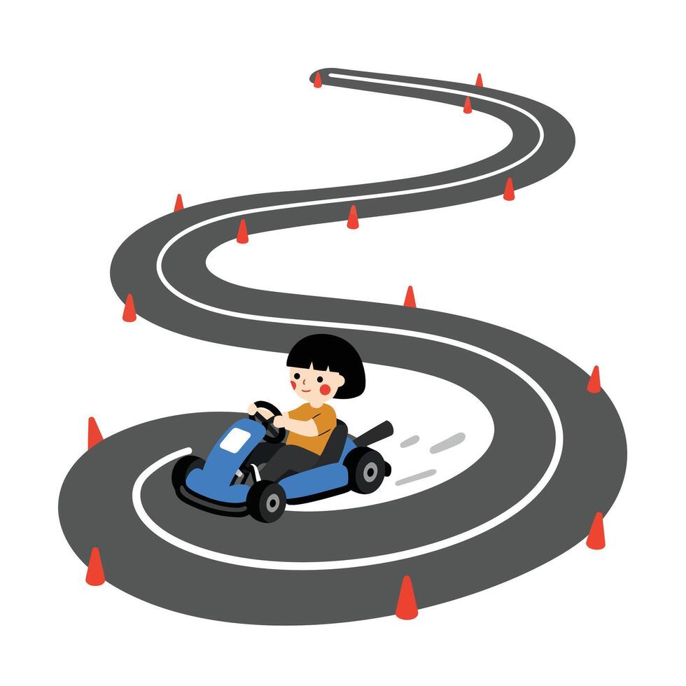 Child driving a go-kart on a winding track in flat illustration vector