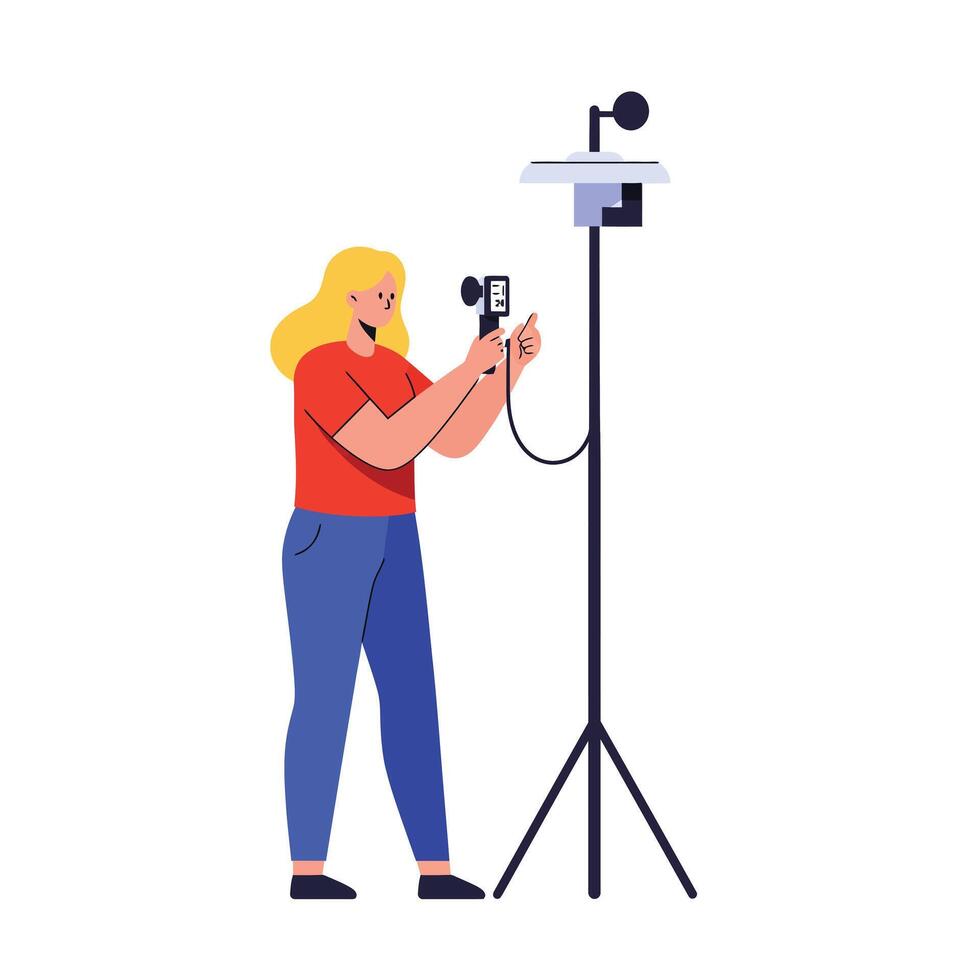 Woman adjusting camera settings under bright light in flat art vector