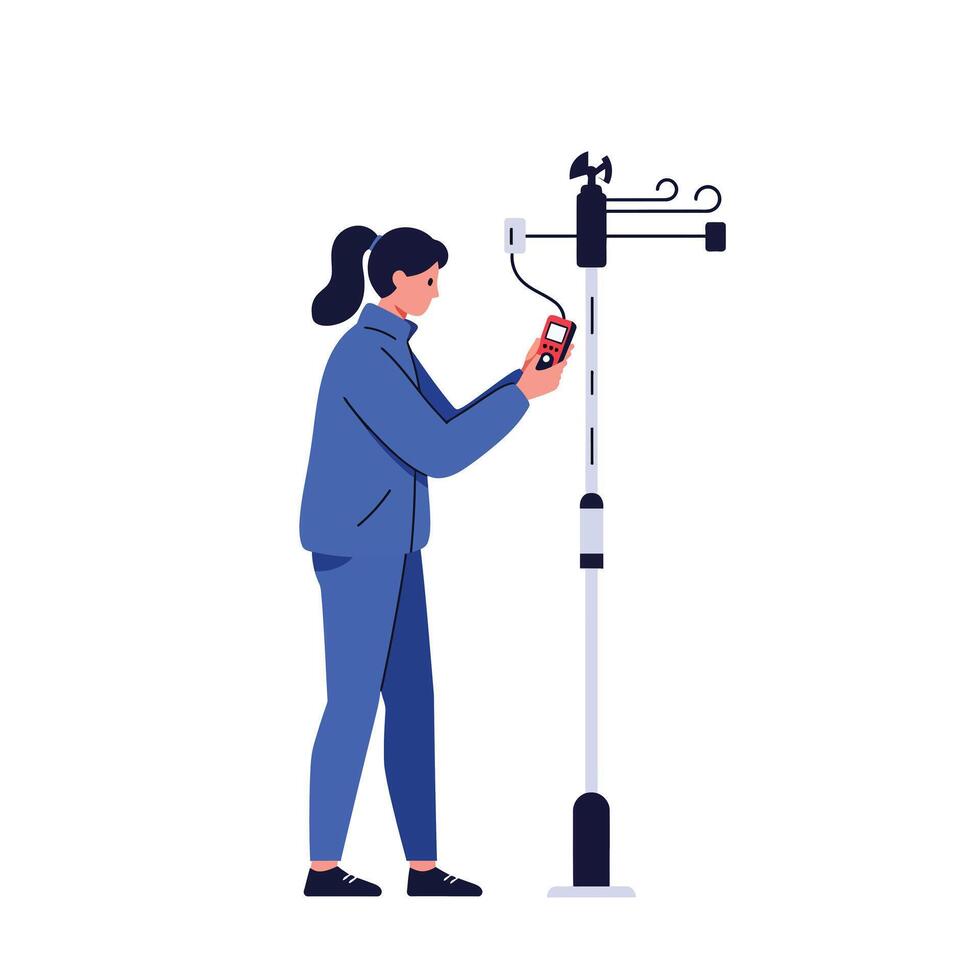 Woman checking weather station with smartphone in flat art vector