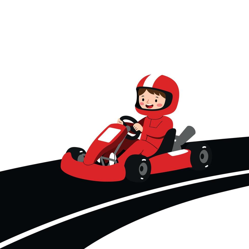 Child racing go-kart in red uniform on curved track, flat illustration vector