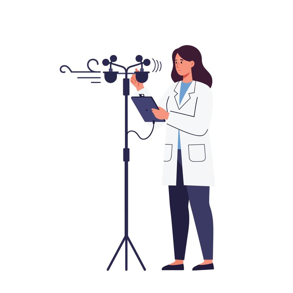 Scientist measuring wind speed in flat style art vector