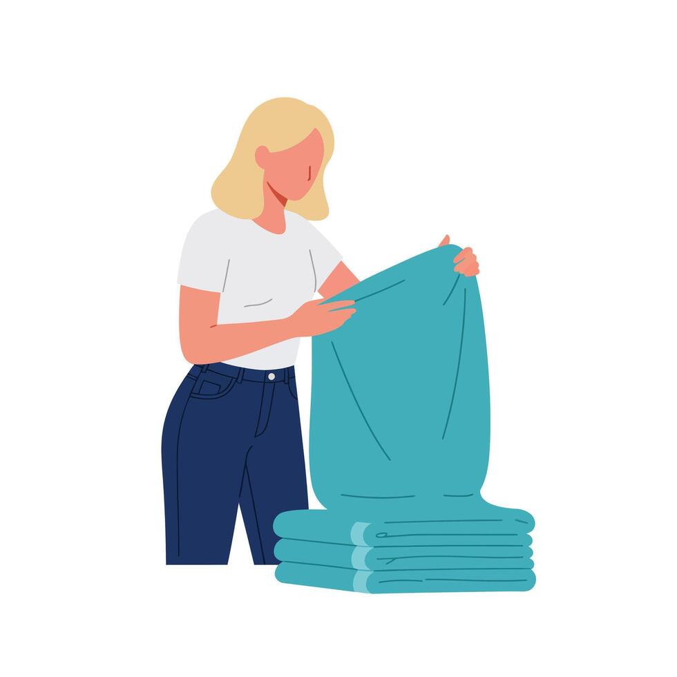 Woman folding towels in a minimal and colorful design style illustration vector