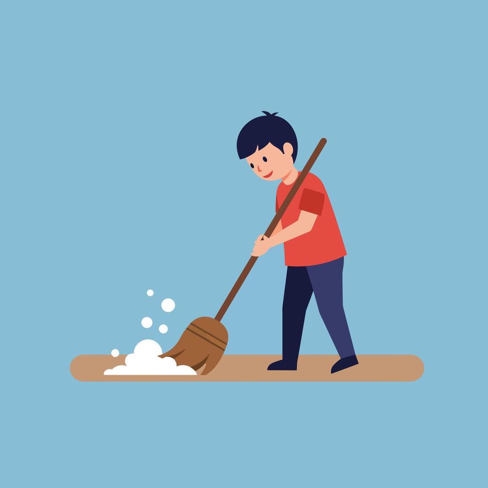 Child cleaning floor with broom in flat style art vector