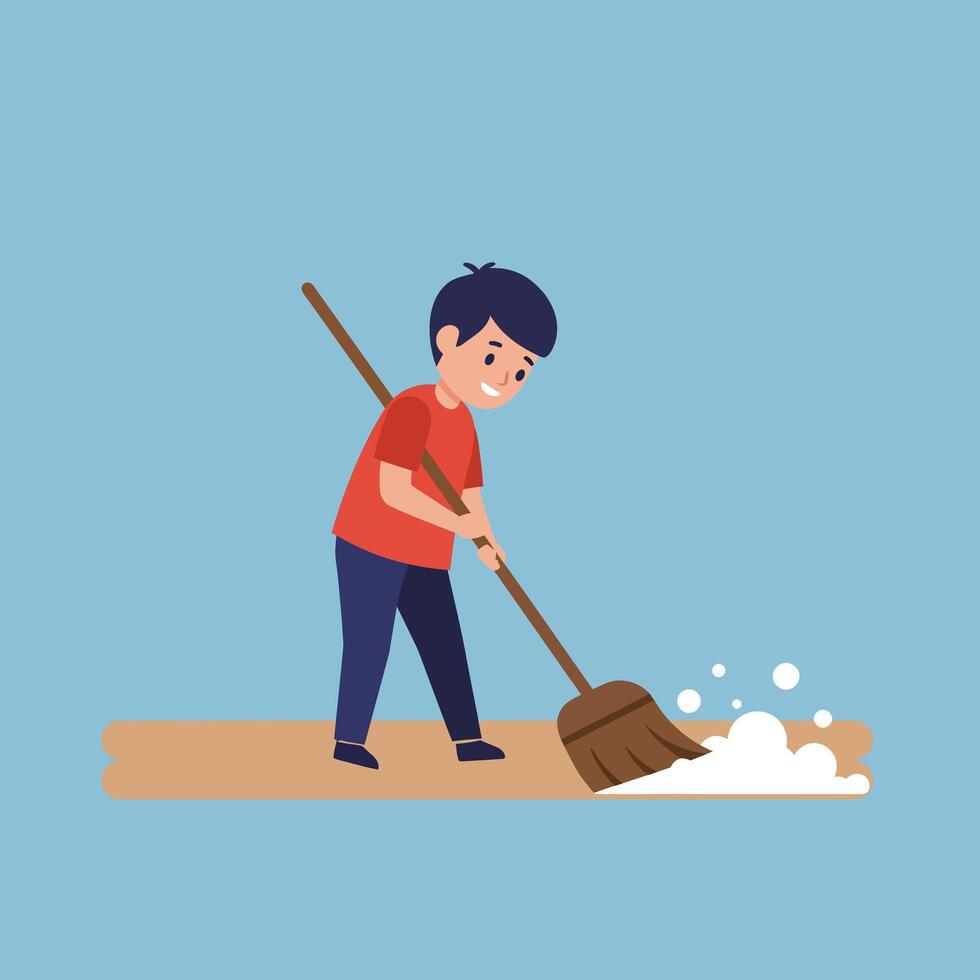 Boy cleaning floor with broom in flat, colorful design art vector