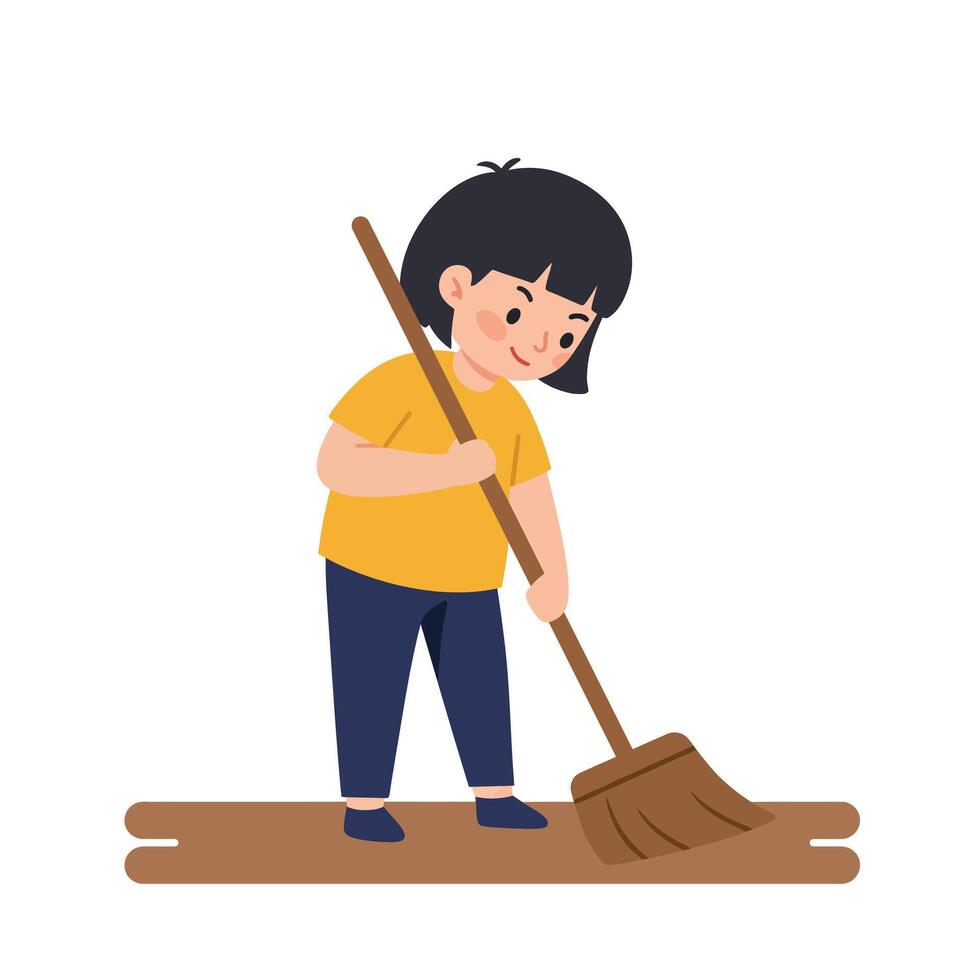 Child cleaning with a broom in flat style art vector
