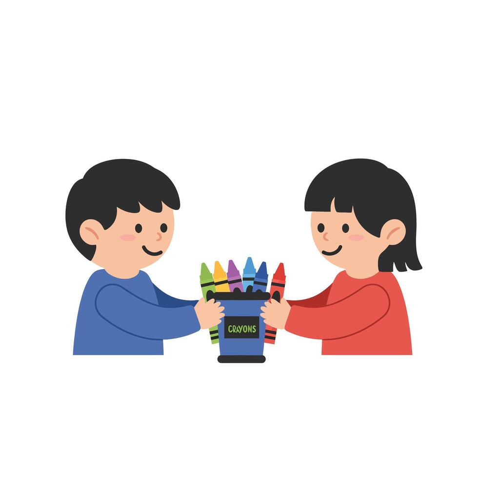 Two children sharing colorful crayons in flat design art vector