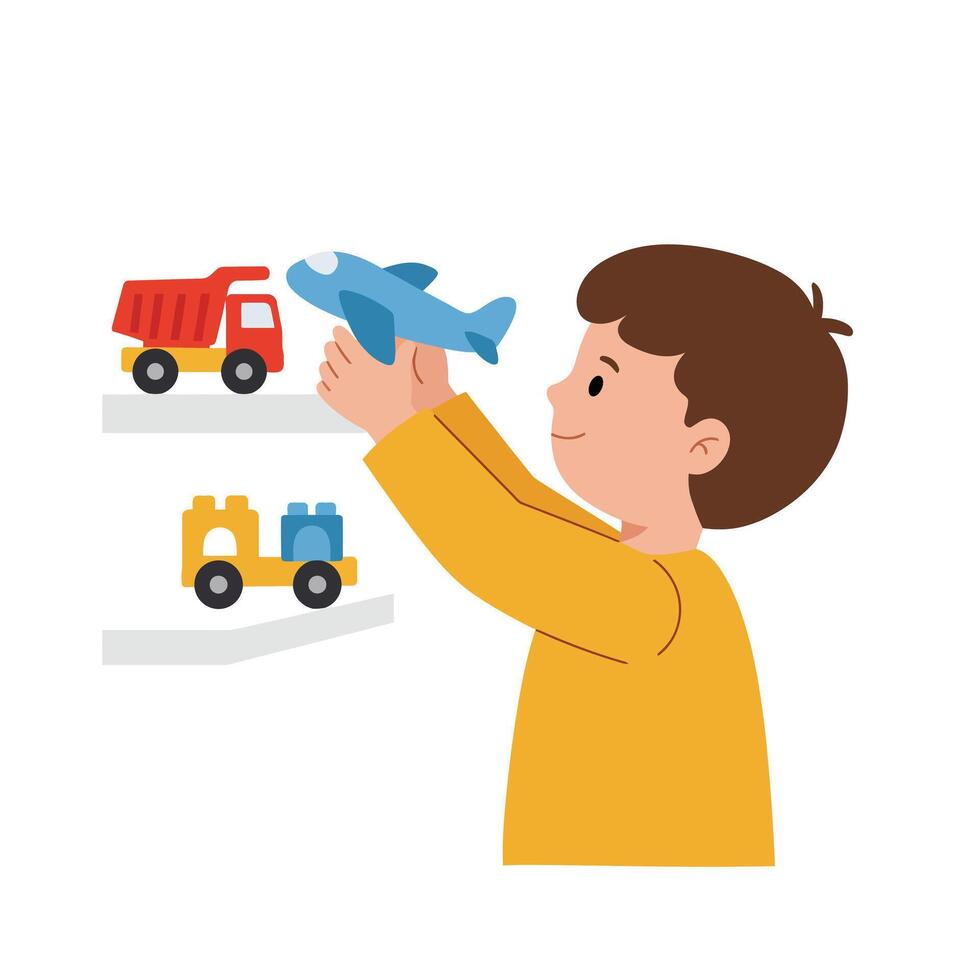 Boy playing with toy airplane and truck in colorful flat art illustration vector