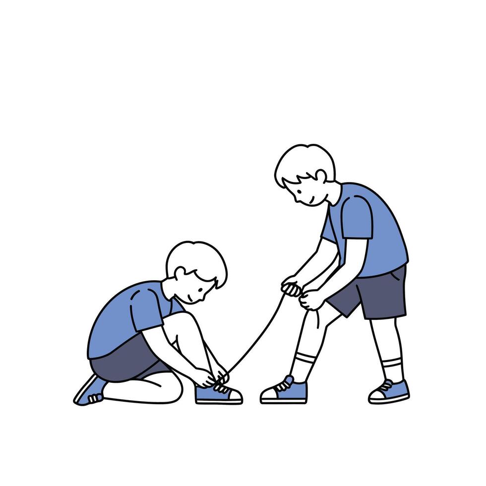 Two children tying shoelaces together in a minimal flat design art vector