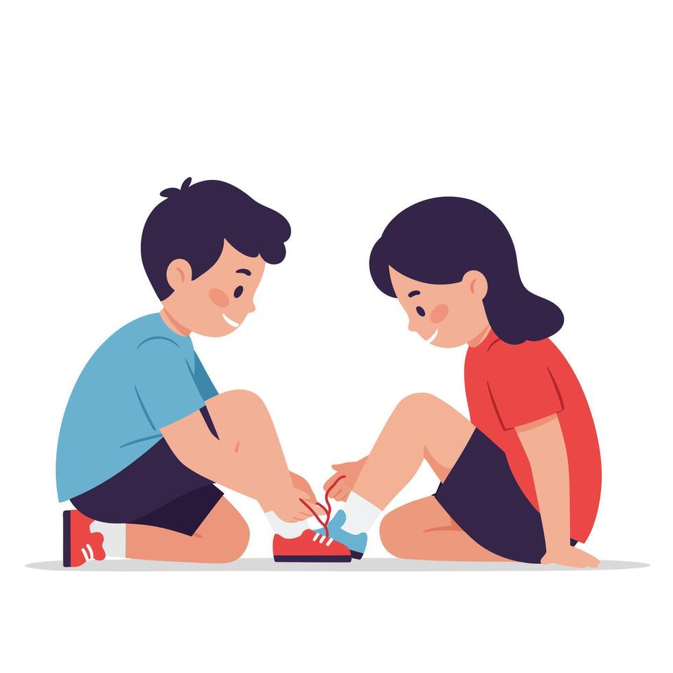 Two children helping each other tie shoelaces in flat art vector