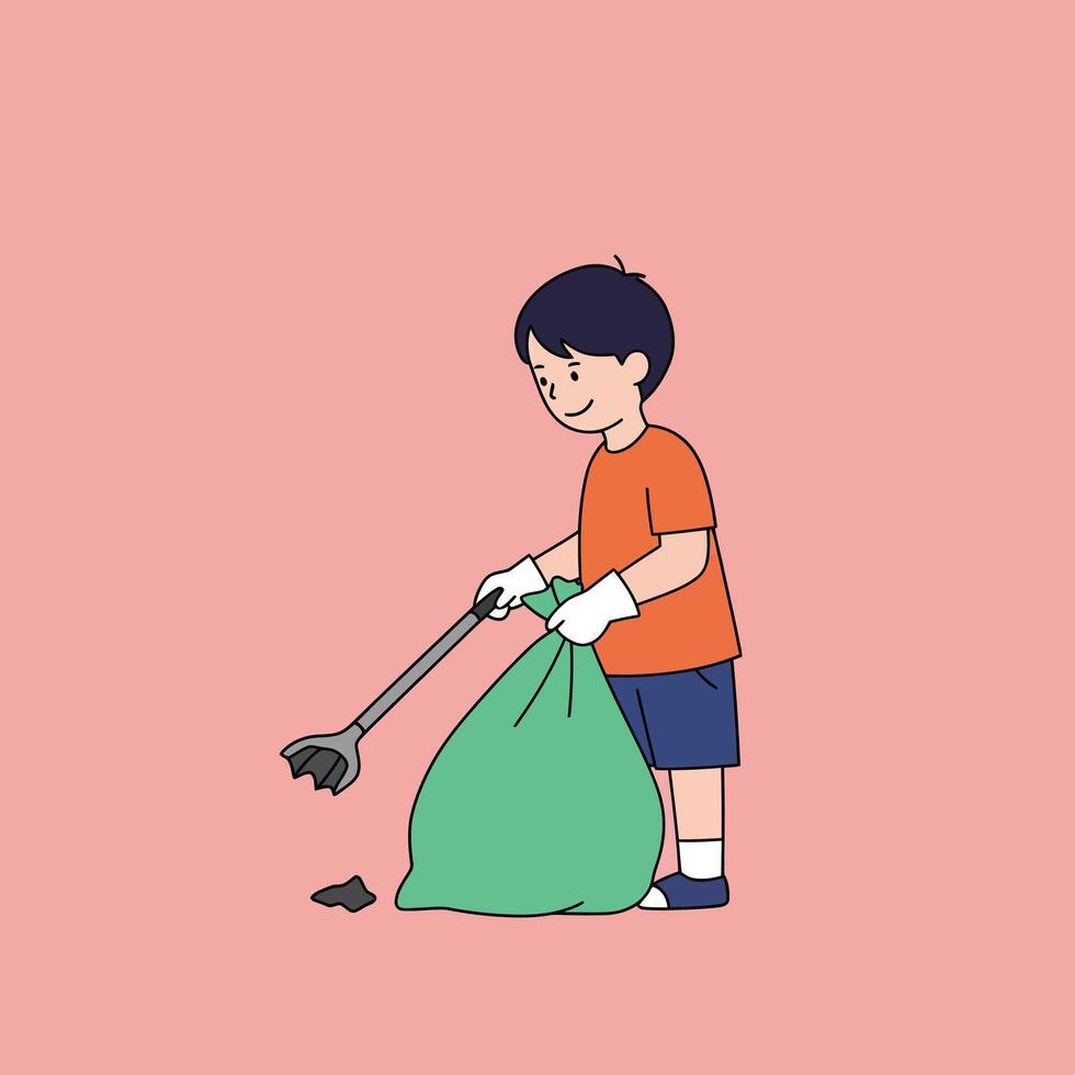Young boy cleaning up litter with a green bag in flat art vector
