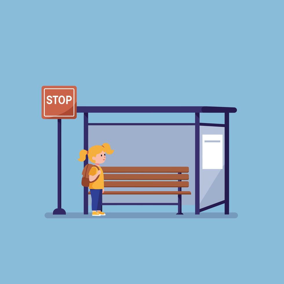 Girl waiting at bus stop in flat design style art vector