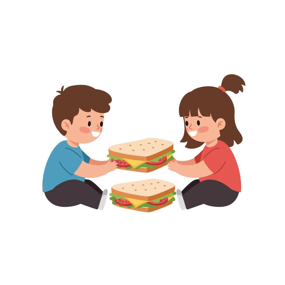 Children sharing large sandwiches in a playful manner, flat art illustration vector