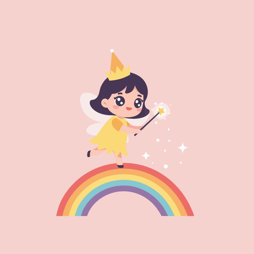 Cheerful fairy character with wand on rainbow in flat art vector