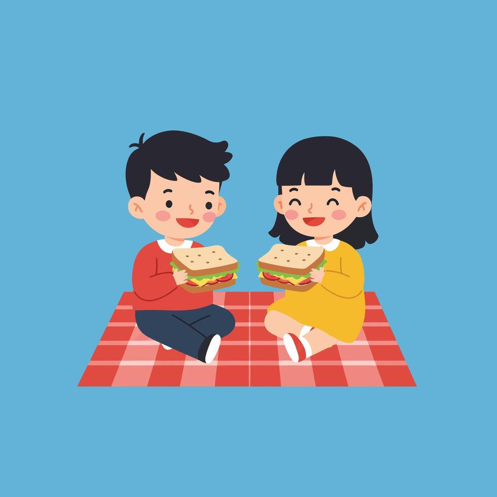 Happy children enjoying sandwiches on a picnic blanket in flat art vector