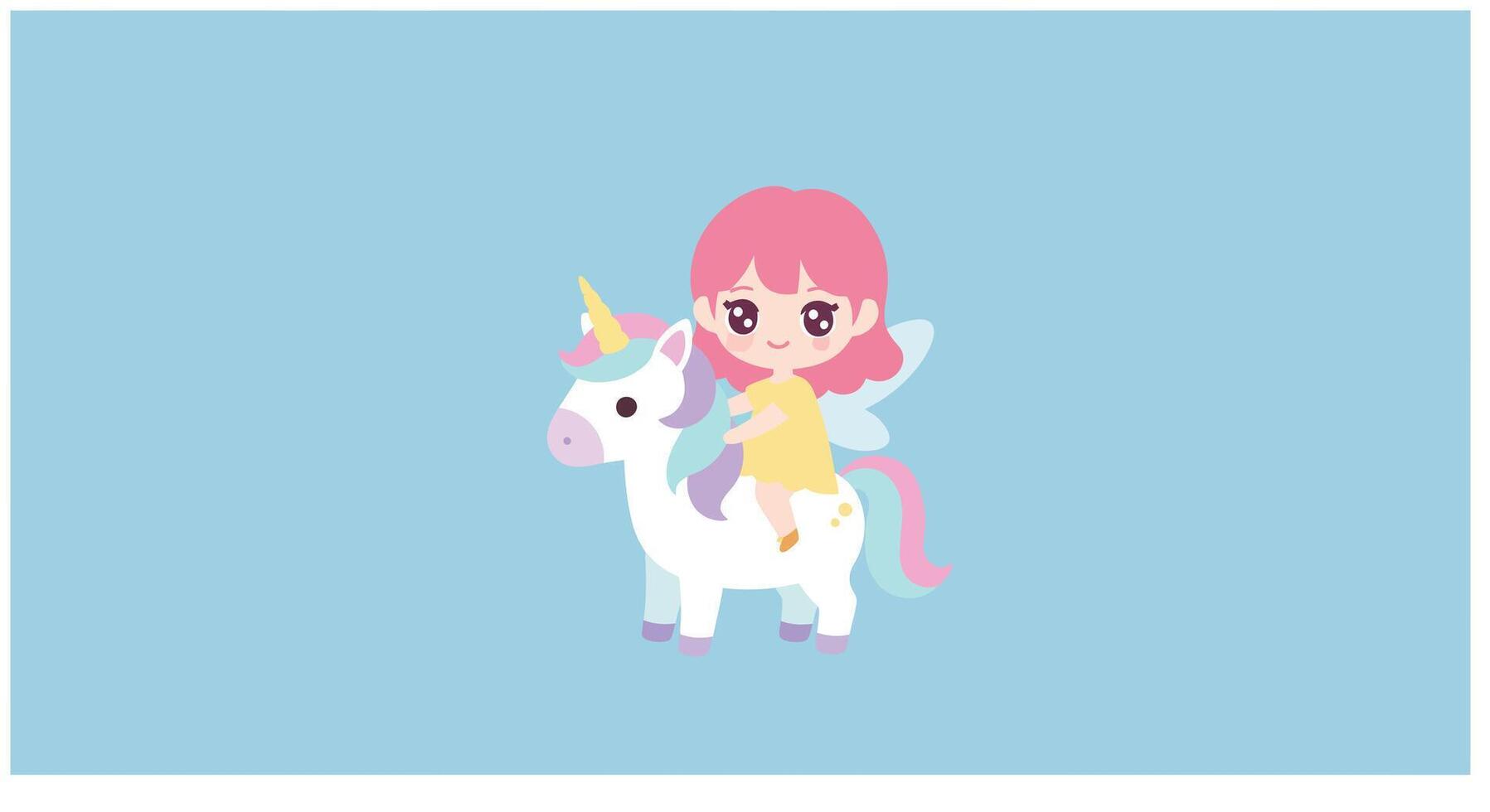 Cute girl riding a unicorn in flat design style illustration vector